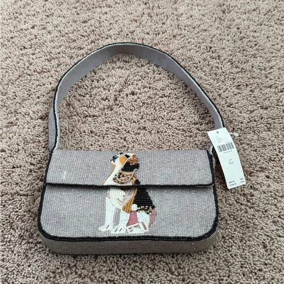 NWT new flaw Anthropologie Maeve Fiona beaded bag beagle dog gray embroidered - Picture 3 of 16